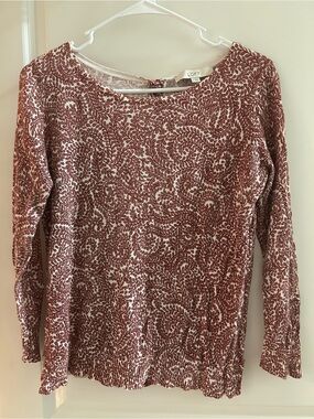 LOFT Long-Sleeve Red Patterned Top Button Back Detail Sweater